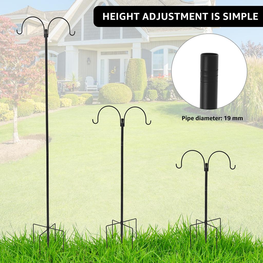185CM Shepherds Hook Metal Double Hook Bird Feeder Hanger Height Adjustable Flowerpot Holder for Outdoor Lawn Garden Decoration