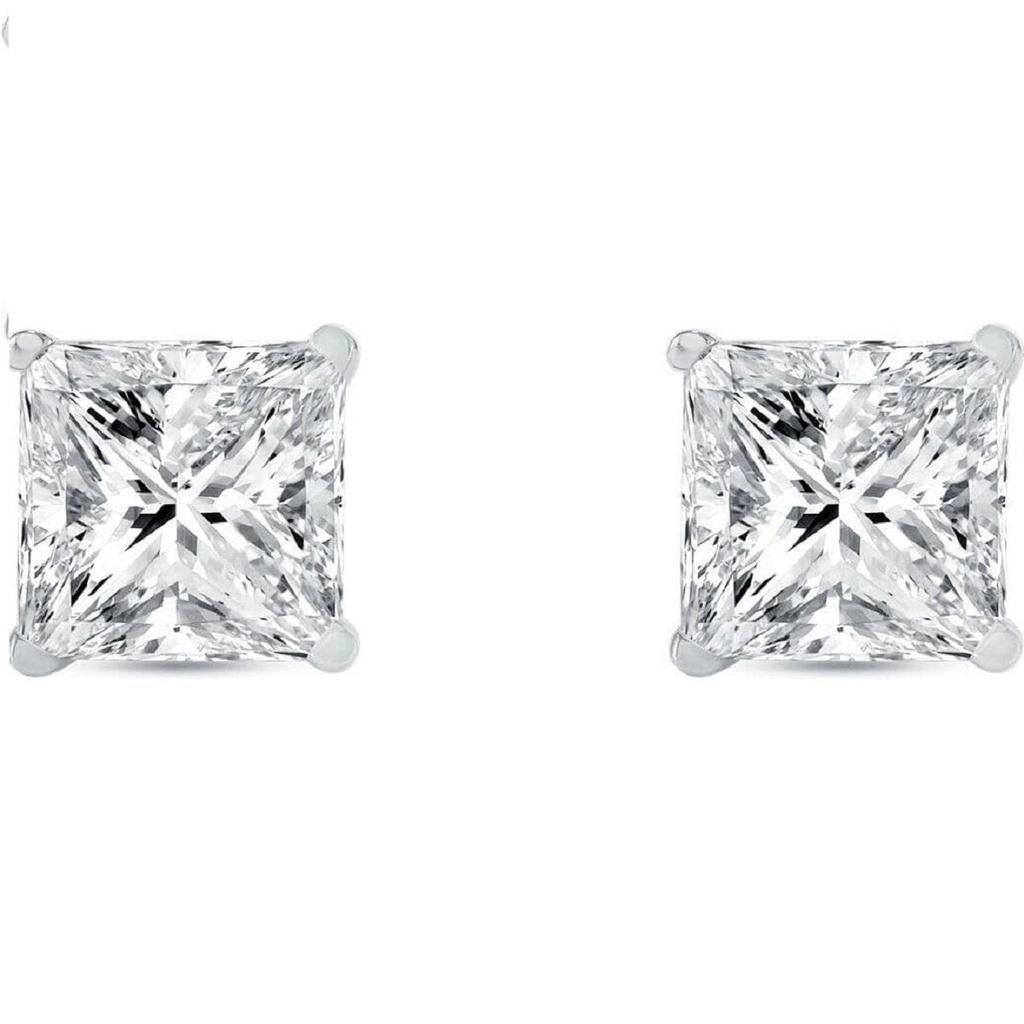Jewels Prim 3.5 Ct Princess Cut Earrings Studs Real Solid 14K White Gold Screw Back Basket