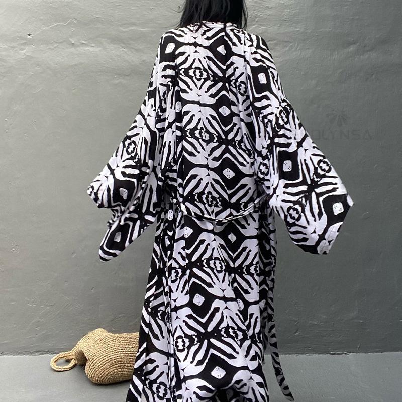 2022 модный купальник с геометрическим принтом, хлопковое кимоно с длинным рукавом и поясом, повседневное женское пляжное платье Q1340ear, купальный костюм, накидка