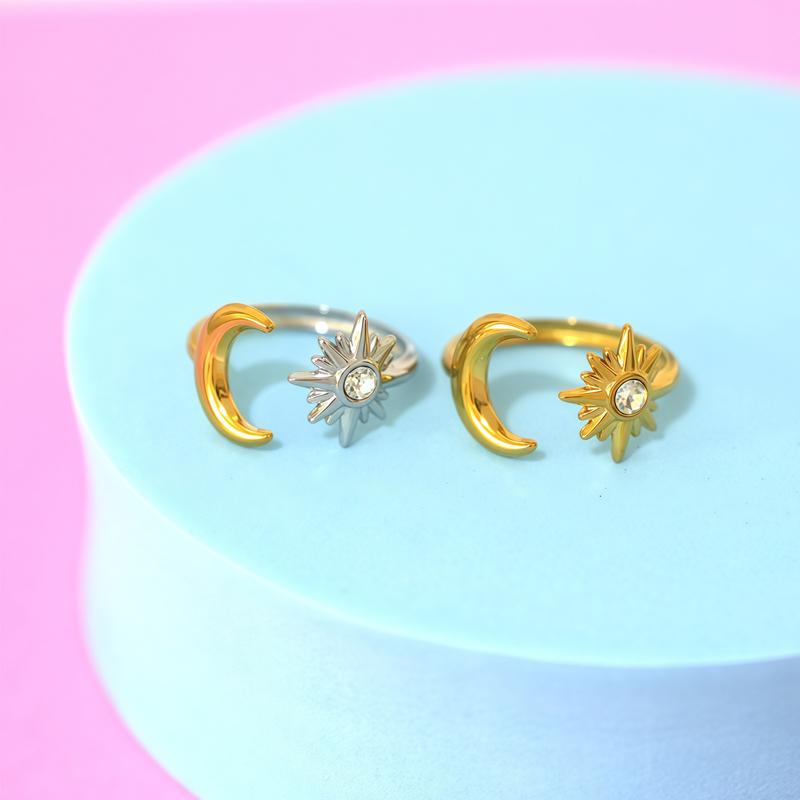 Luxury Stainless Steel Ring for Women Design Gold Color Stars Moon Inlaid with Zircon Adjustable Stacked Rings Banquet Jewelry