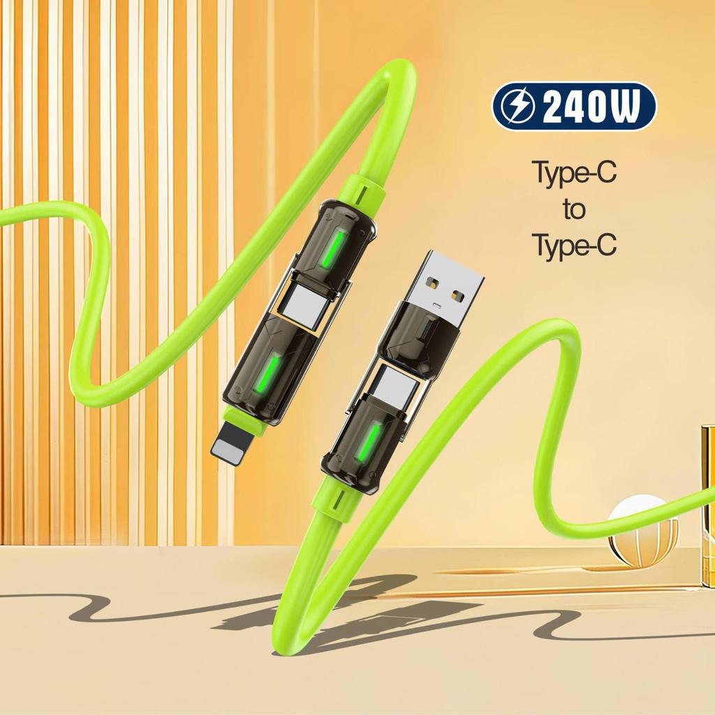 240W 4-in-1 Super Fast Charging Cable: Apple, Type-C, Huawei Compatible, Ideal for Car Use