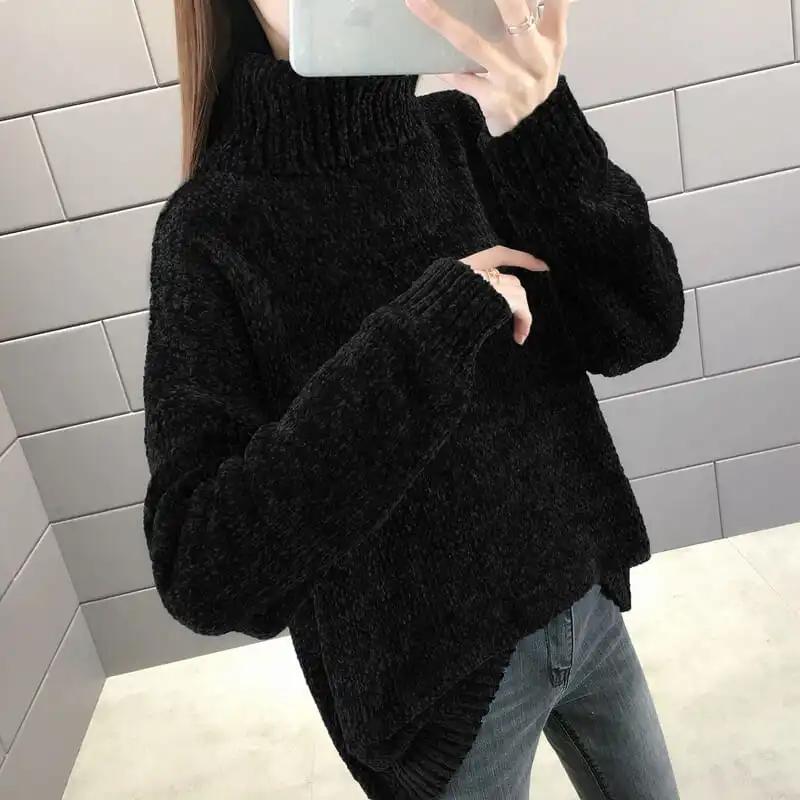 Autumn Winter Chenille Turtleneck Sweater Women's Loose Elastic Thick Knitted Sweaters Solid Female Warm Base Shirt