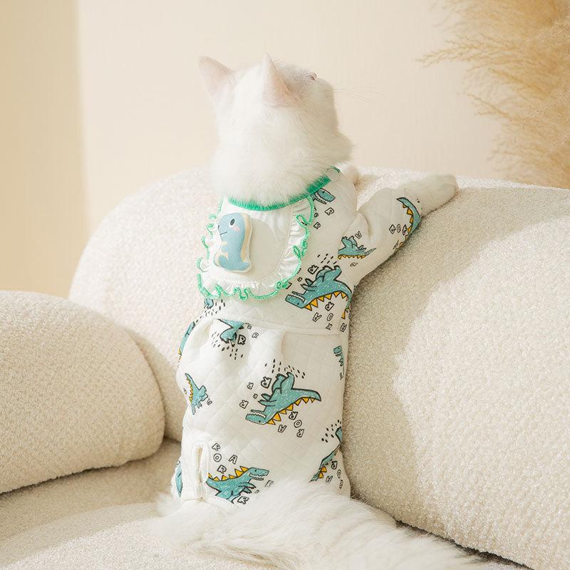 Cat Autumn and Winter Cotton Cartoon Printed Four-legged Belly Coat, Warm Belly Protection Clothes, Dog Belly Pet Clothes