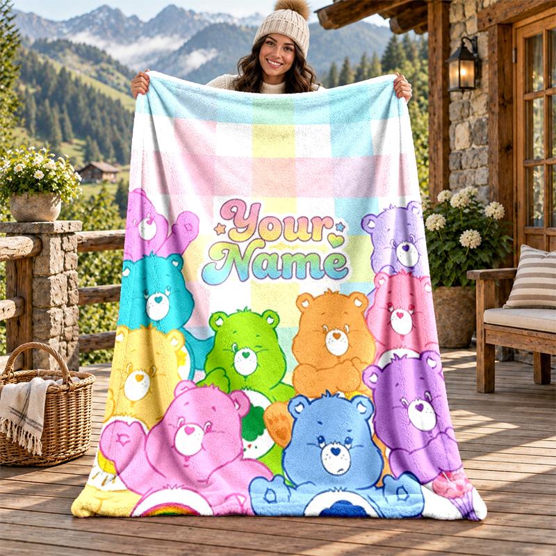 Care bear Custom Name Flannel Blanket Personalized Soft Warm Plush Throw Blanket Customized Gift for Family Friends