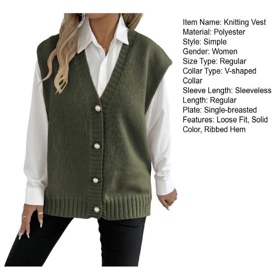 Женский вязаный жилет с V-образным вырезом, без рукавов, свободного кроя, жилет-свитер с декором из пуговиц из искусственного жемчуга, однотонный, повседневный вязаный жилет