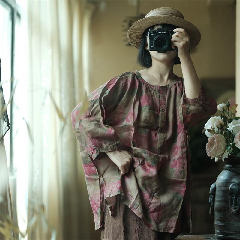 Johnature Summer Women Linen O-Neck Vintage Style Balloon Sleeves Shirt Half Sleeve Flower Print Loose Shirt