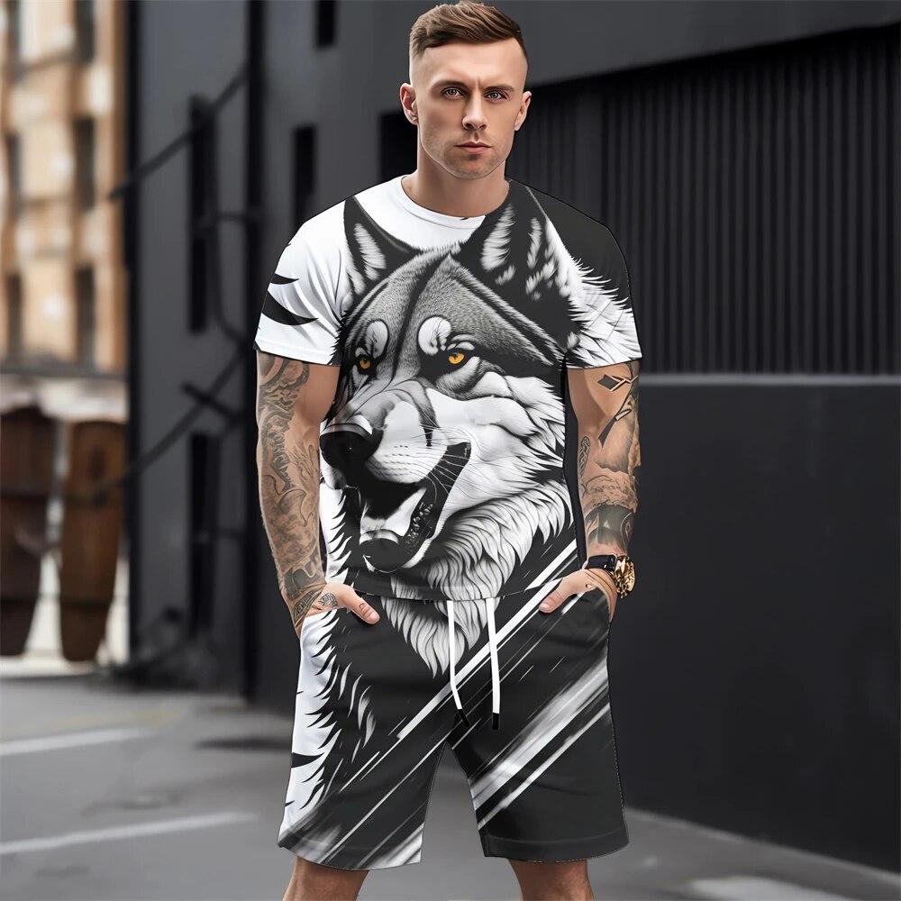Летние мужские комплекты футболок, модная одежда с 3D принтом животных, необходимая одежда для мужчин, повседневный спортивный костюм, спортивный костюм из двух предметов для бега, спортзала