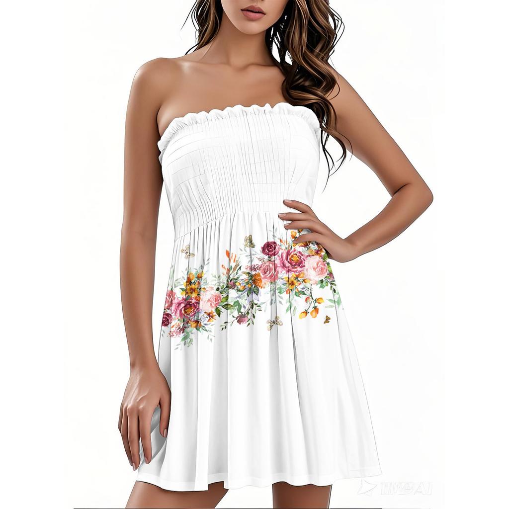 Модное женское повседневное платье-бандо с цветочным принтом без рукавов