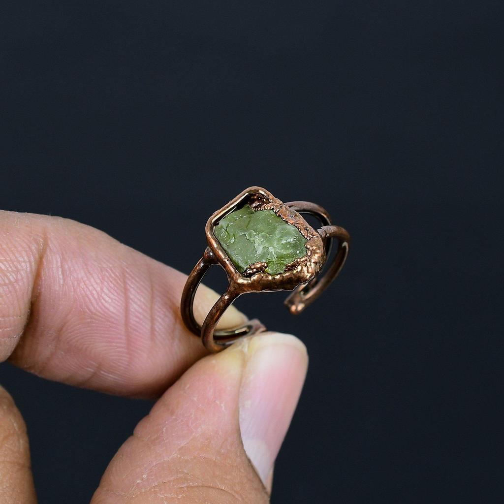 Peridot Handmade Gemstone Ring, Copper Electroformed Ring Antique Jewelry, Adjustable Ring Engagement Gift