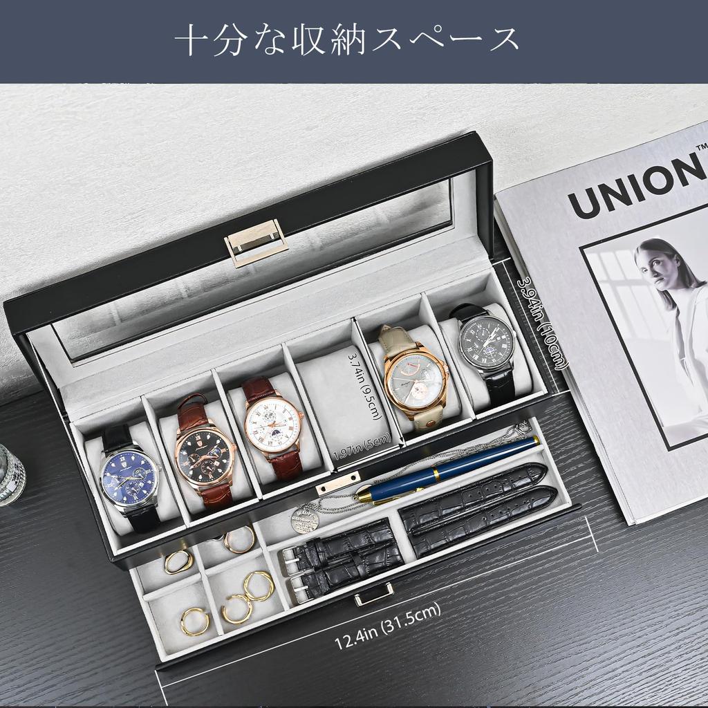 ProCase Футляр для часов с 6 слотами, витрина для часов, футляр для часов со стеклом, 2-уровневый органайзер для хранения ювелирных изделий, мужская коробка, ящик, мужская крышка,