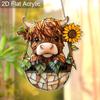 Acrylic Highland Cow with Sunflower Suncatcher Stained Glass Effect Window Hanging Ornament Farm Animal Lover Gifts