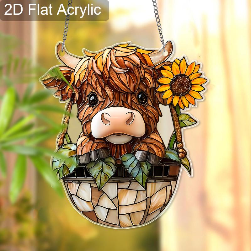 Acrylic Highland Cow with Sunflower Suncatcher Stained Glass Effect Window Hanging Ornament Farm Animal Lover Gifts