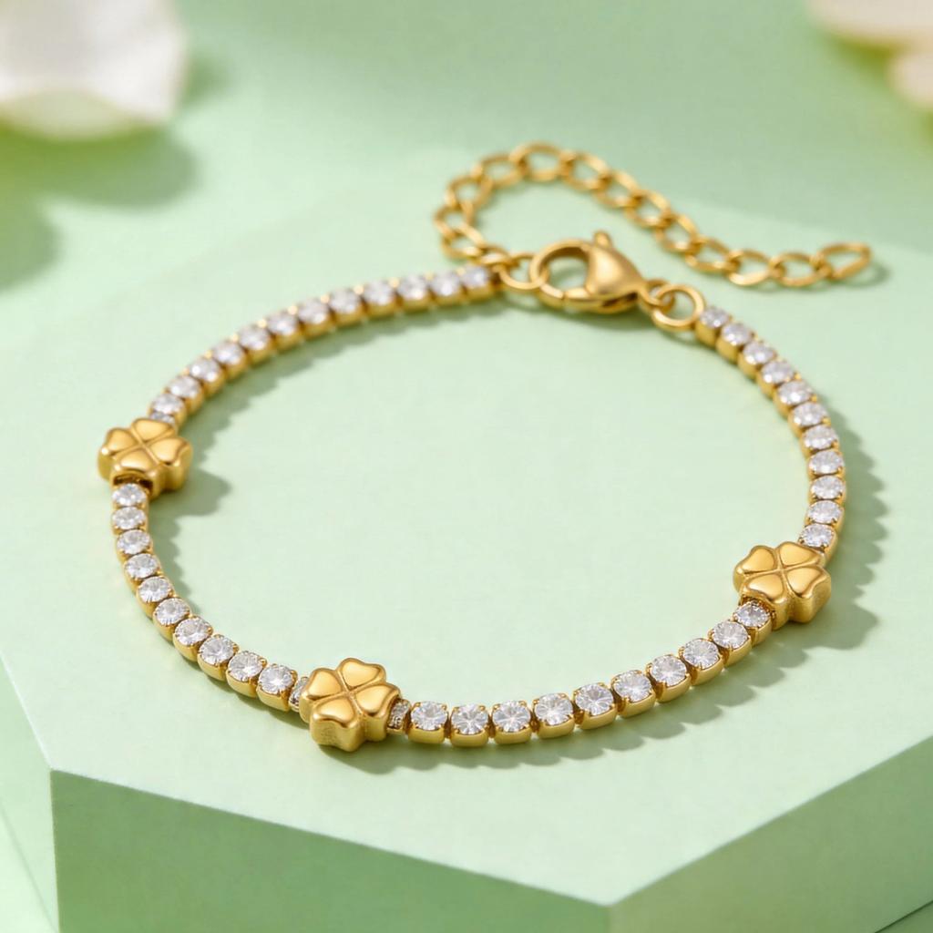 Delicate Tennis Chain Flower Bracelet for Women, Stainless Steel Four-Leaf Clover Zircon Bracelets,Trendy Charm Jewelry Gift