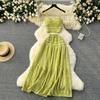 Summer Lace Patchwork Beach Two Pieces Sets Women Sexy Camisole+A Line Long Skirt Fashion Elastic Bohemian Suits