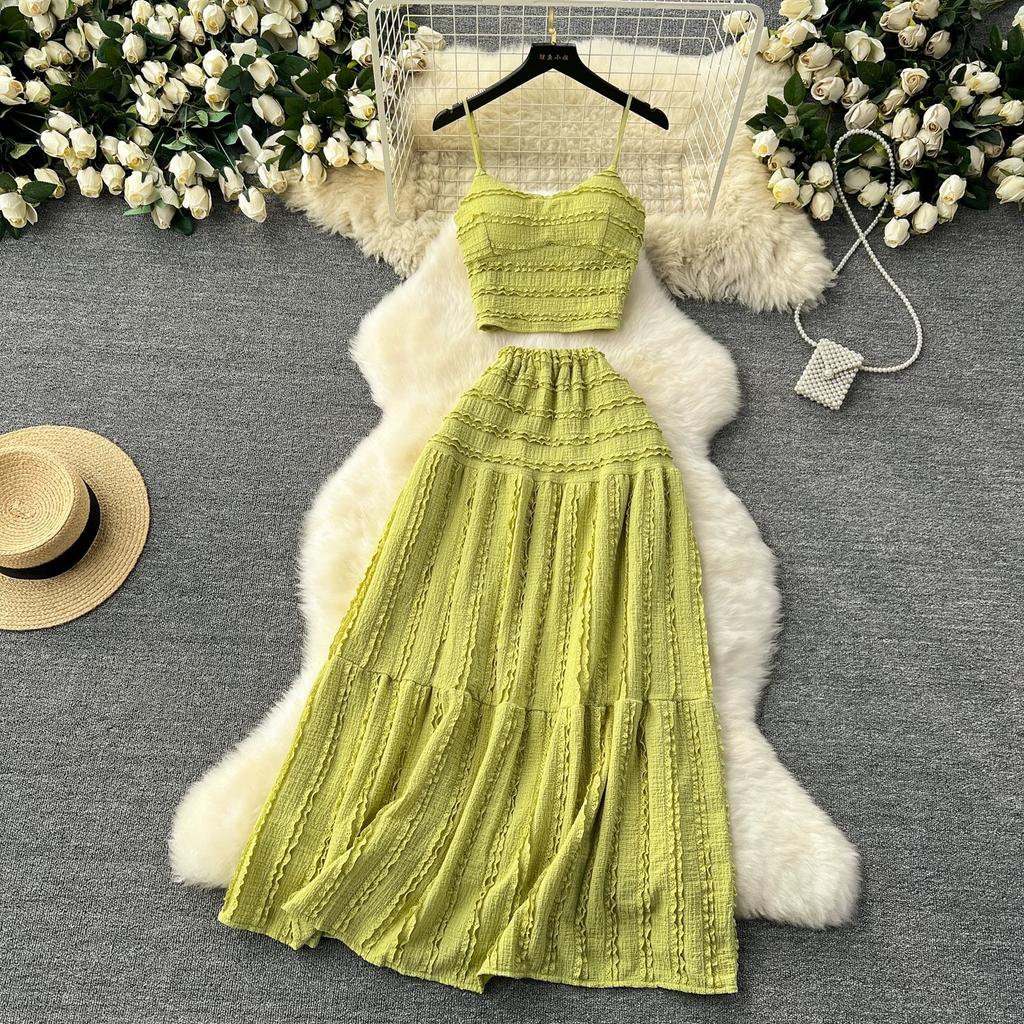 Summer Lace Patchwork Beach Two Pieces Sets Women Sexy Camisole+A Line Long Skirt Fashion Elastic Bohemian Suits