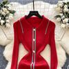 Autumn Winter Women Knitted Dresses 2024 Vintage Patchwork Striped Long Sleeve Bodycon Sexy Chic Long Dress