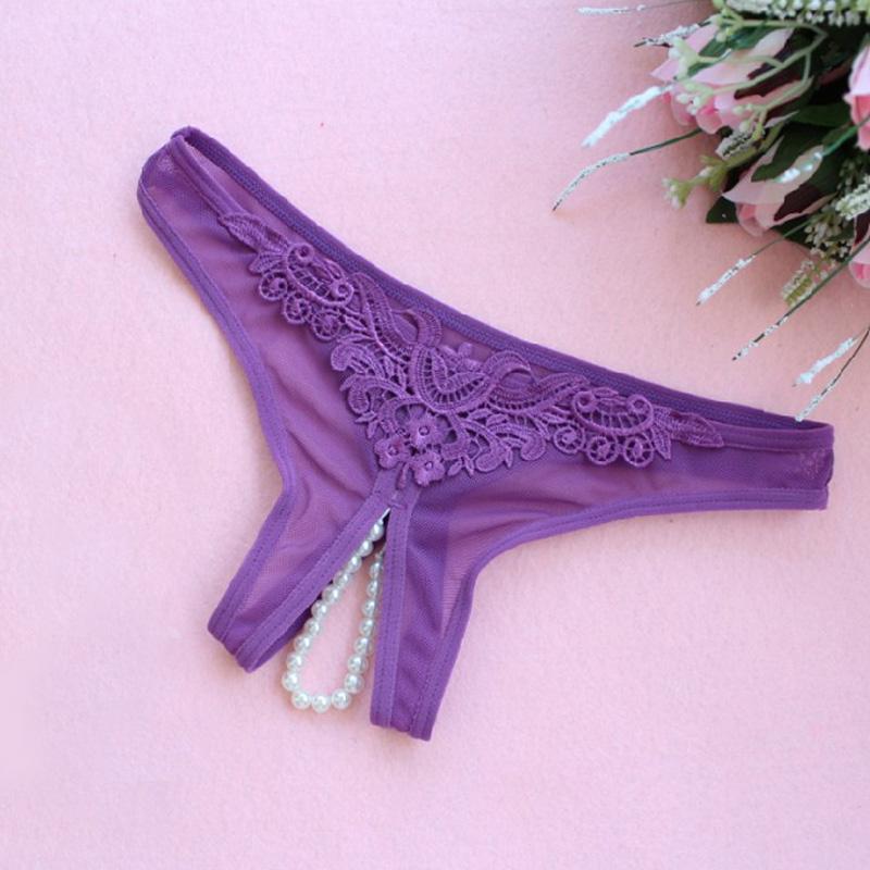 Sexy Lace Women Underwear Pearl Massage Hollow Out Low Waist Triangle Panties Transparent Mesh Underpants
