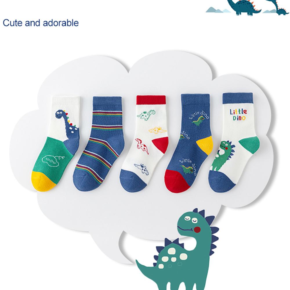 5Pairs Girl Mid-tube Socks Autumn Winter New Style Children's Socks Mid-high Long Dinosaur Cartoon Design Boys Girls 1-14Years