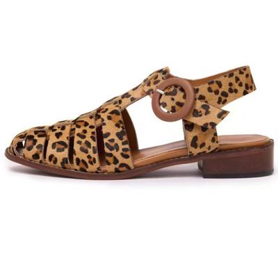 Летние Новые Женские Плетеные Сандалии Ручной Работы на Плоской Подошве, с Круглым Носком, с Леопардовым Принтом, Повседневные, на Толстом Низком Каблуке, Римские, Большие Сандалии