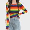 2025 Приталенный корейский свитер с радужными полосками, открывающий пупок