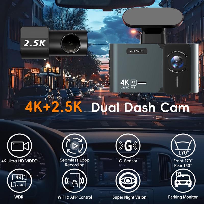 Передняя 4K и задняя 2.5K видеорегистратор Встроенный WIFI GPS Двойная линза Мини Автомобильный DVR 24H Монитор парковки Черный ящик Камера салона Ночное видение