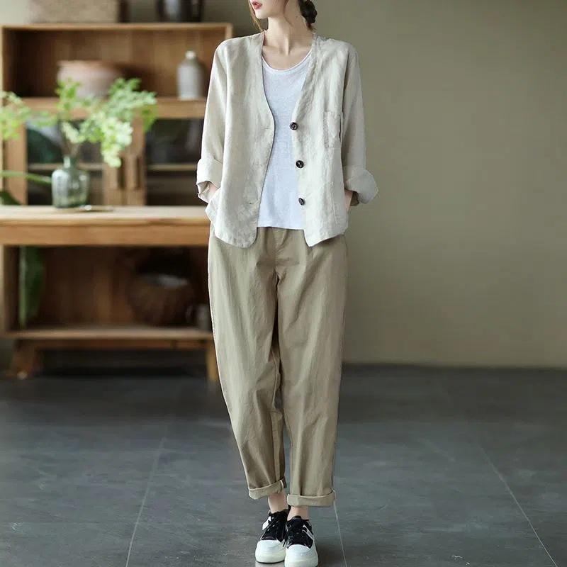 Women's Jacket Spring Cotton Linen Blazer Solid Color Long Sleeve Fashion Casual Coat