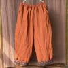 Women Vintage Linen Elastic Waist Pants Plus Cotton Warm Winter Trouser Solid Color Pockets Loose Long Pants