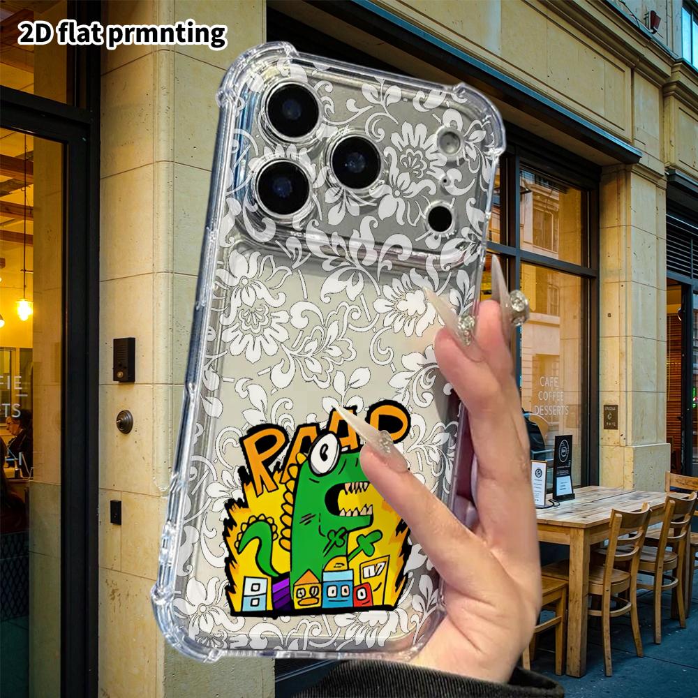 Phone Case: 2D flat suitable for iPhone 18 17 16 15 14 13 Pro, transparent corner protection case, roaring dinosaur, Christmas and Halloween gift