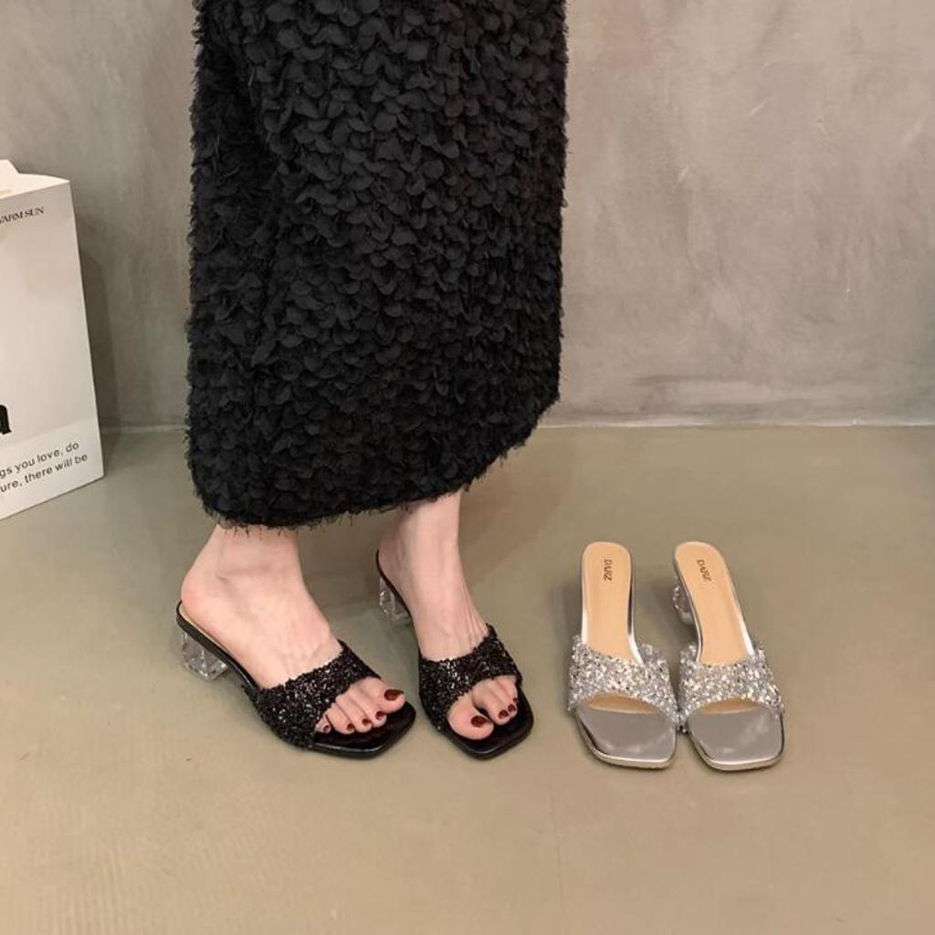 Французские хрустальные туфли на толстом каблуке, женская летняя одежда 2025 года, новые модные серебряные босоножки на высоком каблуке со стразами в виде феи