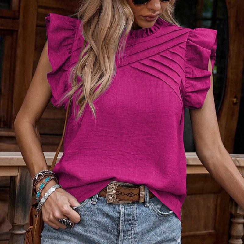 New Summer Tops Women Vintage Casual Loose Blouses for Women Elegant Pleated Ruffled Short Sleeve Shirt Woman Fashion Solid Pullover Blouse 26597