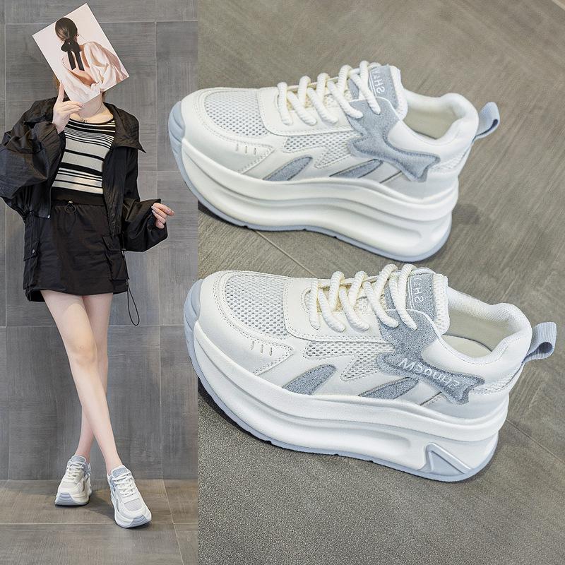 2026 spring new platform mesh shoes casual fashion heightening color matching dad shoes student lace-up single shoes women