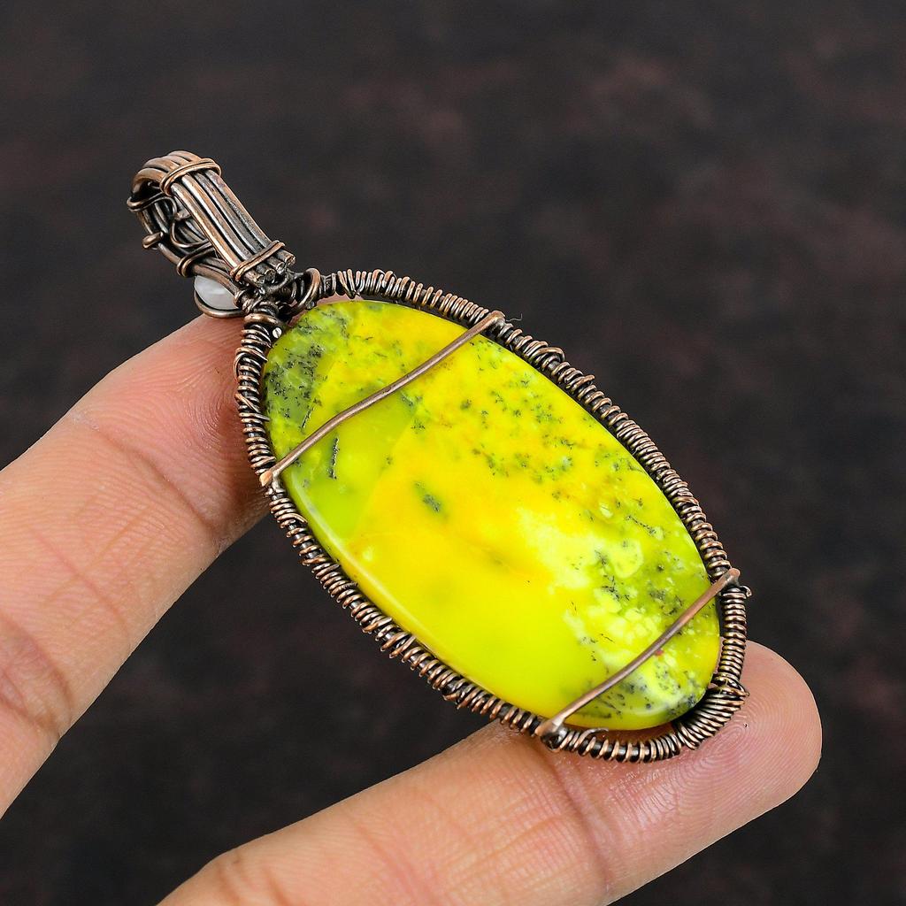 Tree Of Life Yellow Dendrite Opal Pendant Copper Wire Wrapped Pendant Rainbow Moonstone Pendant Gemstone Pendant Handmade Jewelry For Gift