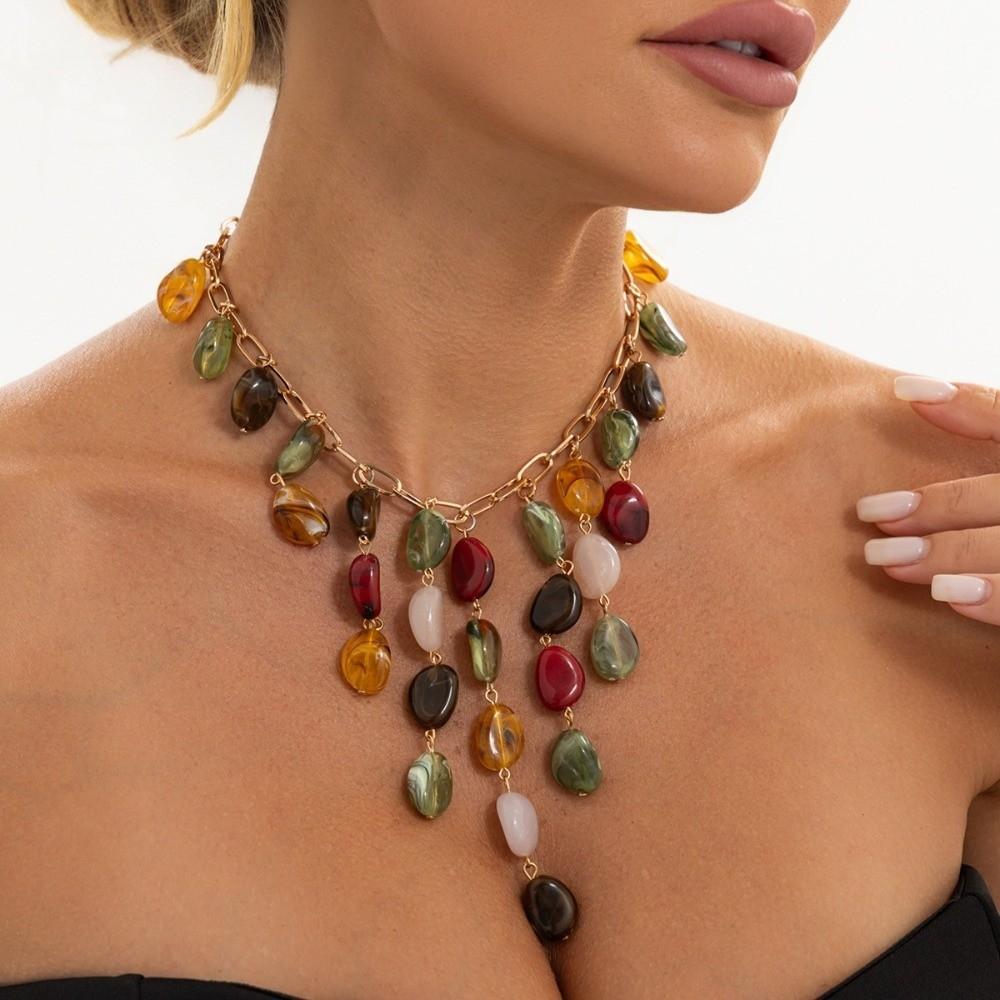 Multicolor Tassel Pendant Necklace Metal Chain Statement Drop Necklace Beach Party