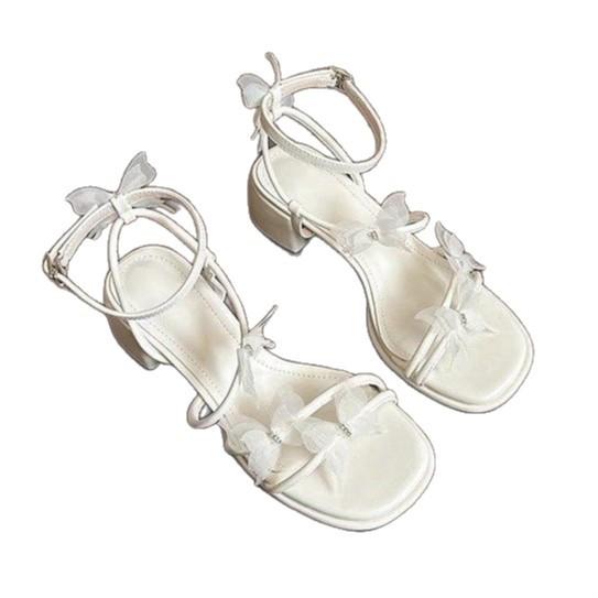 Версия из мягкой кожи~ босоножки с бантом женские 2025 лето новинка французское лето с юбкой супер огонь толстый каблук высокие каблуки