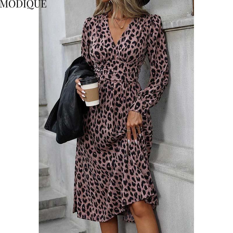 MODIQUE 2025 Лето Новое женское сексуальное леопардовое платье с эластичной талией, длинное платье, женское повседневное платье А-силуэта с длинным рукавом и V-образным вырезом