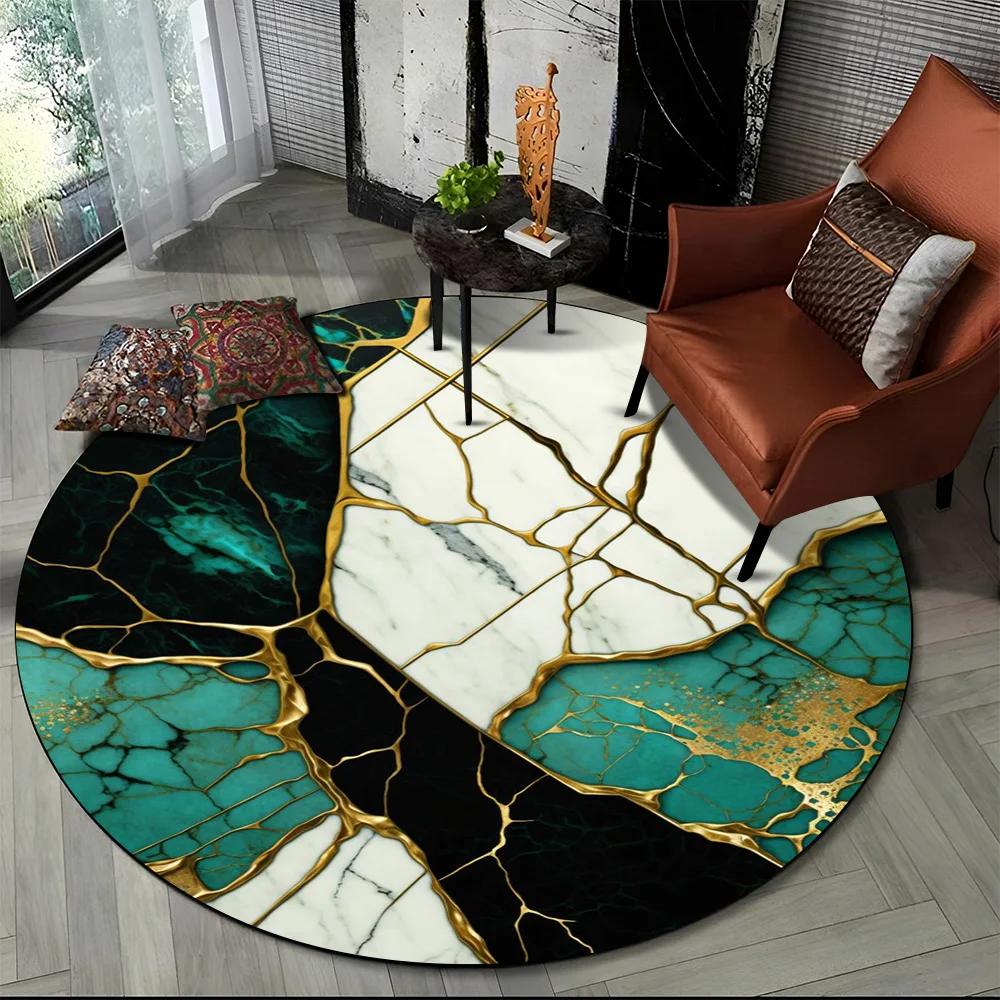 3D Luxurious Colour Marble Blue Green Gold Round Carpet Rug for Living Room Bedroom Child Chair Decor,Pet Area Rug Non-slip Mat