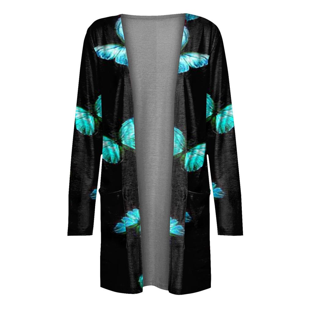 Женская мода Свободный повседневный кардиган с длинными рукавами и карманами с принтом Топы