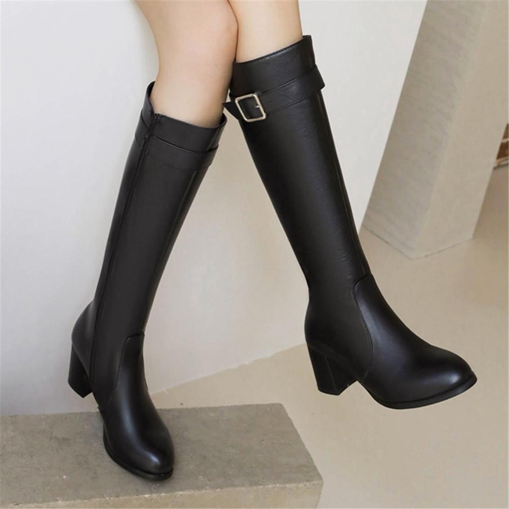 Модные женские ботфорты осенне-зимняя обувь черные белые средний каблук пряжка длинные ботильоны ботфорты до бедра женская обувь размер 33-43