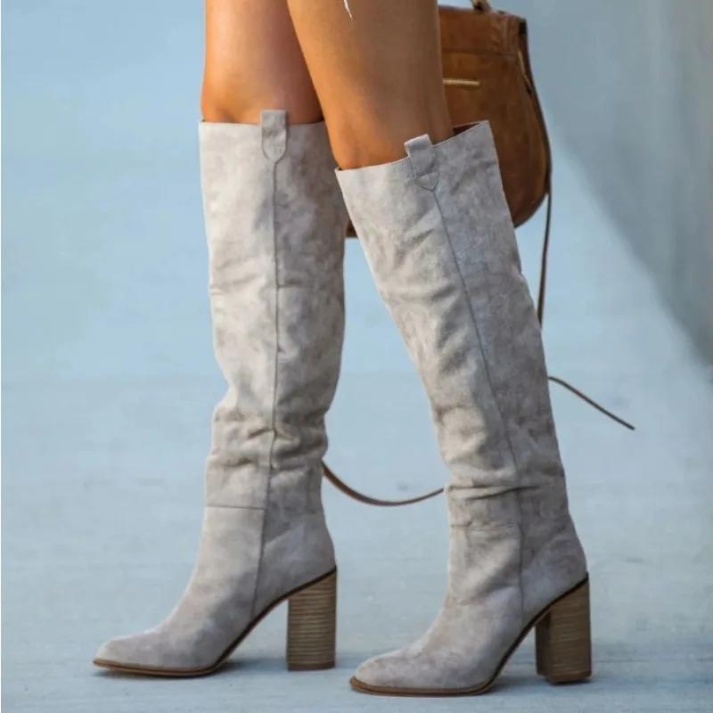 Fashion New Style Popular Women Fashionable Casual Vintage Retro Long Knee-high Cowboy Boots Square Heels Shoes Boot Woman Zapatos Mujer