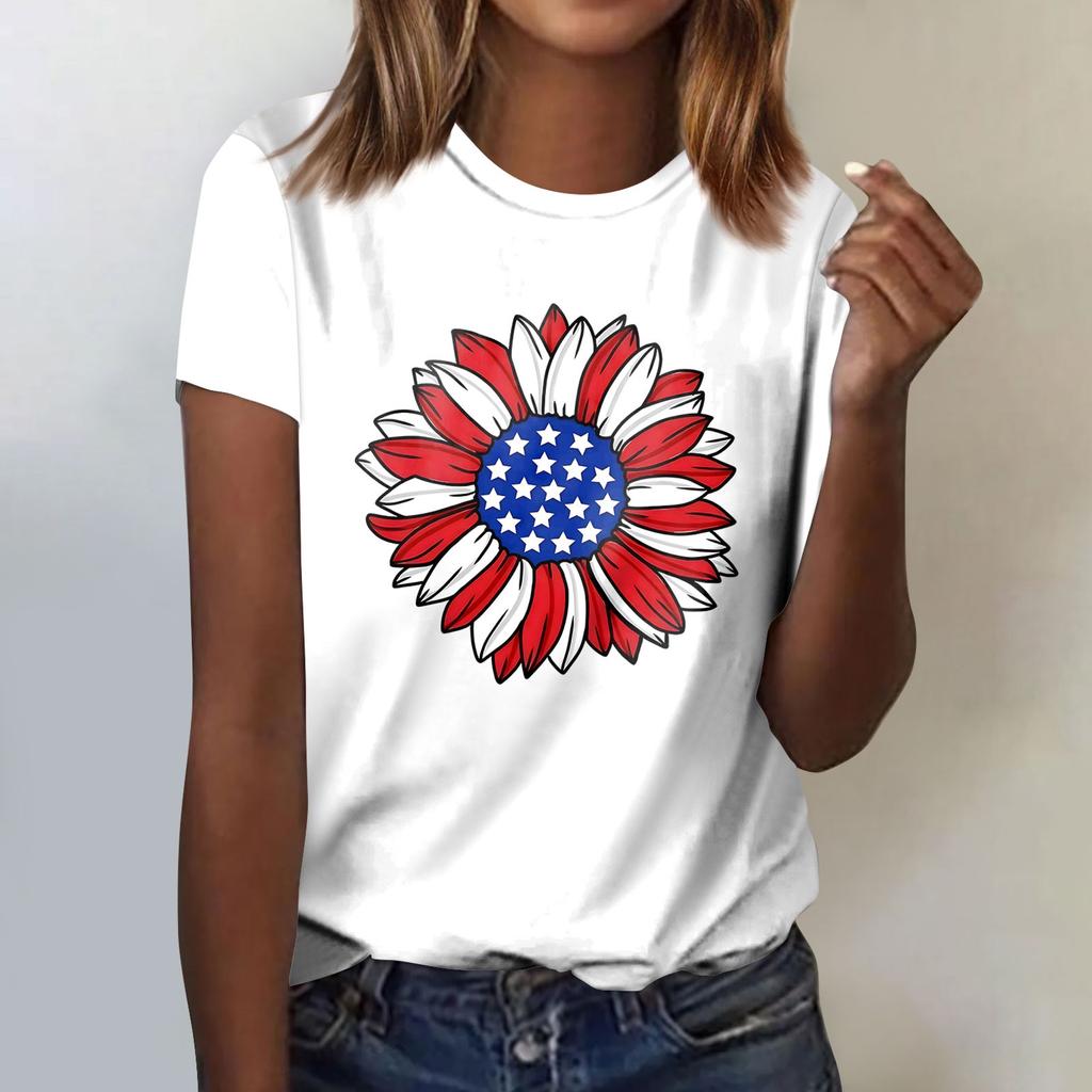 Women's Fashion Casual Independence Day Printed Round Neck Short Sleeve T-Shirt Top