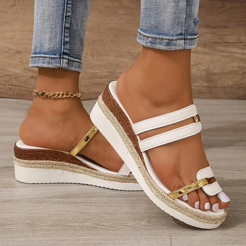 Summer Casual Color Blocking Sandals For Women Dressy Comfortable Soft Leather Thick Soled Slope Woven Straw Sandals 36-43