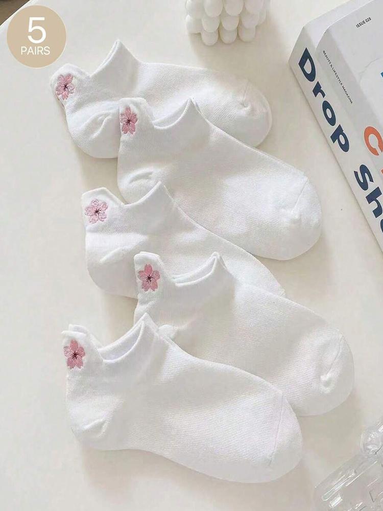 5 Pairs Women Cartoon Short Socks Trendy Versatile Cute Flower Pattern Socks Sweat Absorbing Breathable Soft And Casual Socks