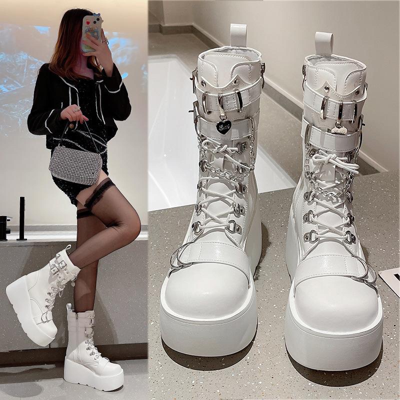 Fashion Punk Style Women's Boots Brand Gothic Long Tube Leather Female Boots Cosplay Ladies High Heels Platform Wedges Womens High Boots