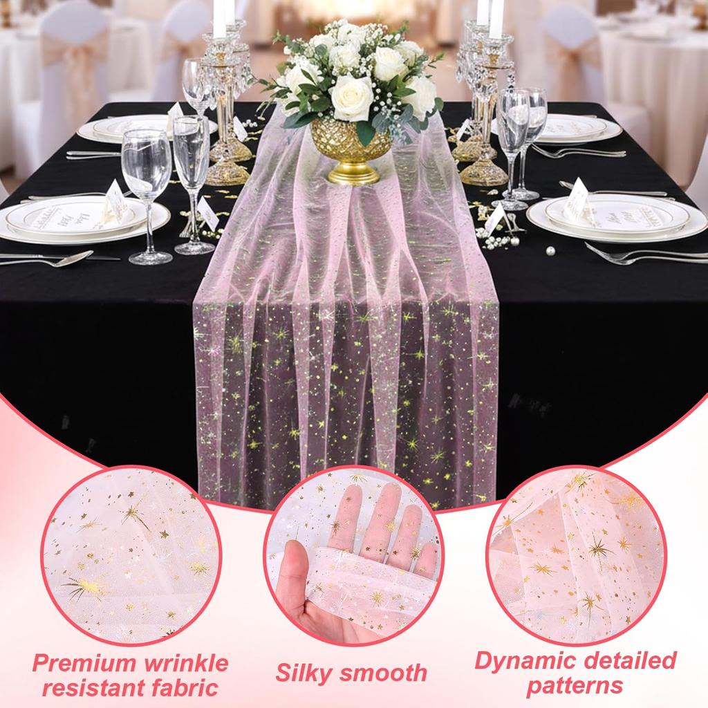 10FT × 2.3FT Pink Lace Table Runner, Gold Stars Foil Glitter Table Runner Sheer Chiffon Tulle Cheesecloth Wedding Runners, Golden Sequin Glitter