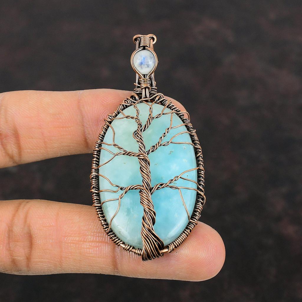 Tree Of Life Hemimorphite Pendant Copper Wire Wrapped Pendant Rainbow Moonstone Gemstone Pendant Handmade Pendant Copper Wire Wrap Jewelry