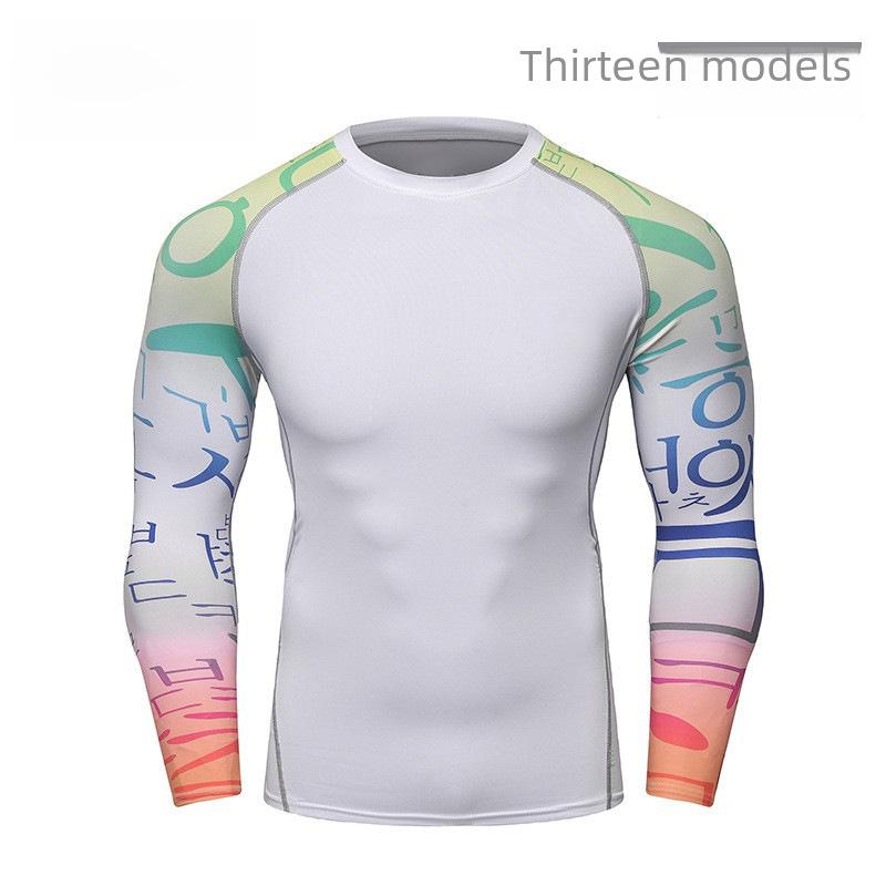 Мужская компрессионная футболка для бега с длинным рукавом и принтом, влагоотводящая, A038