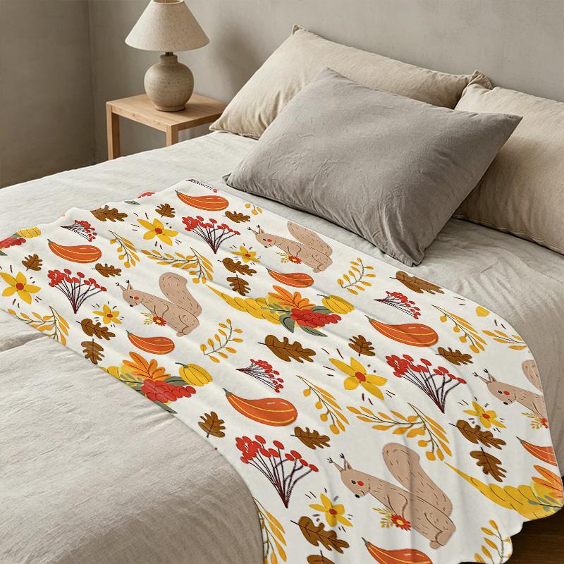 Cute Squirrel Design Flannel Fleece Throw Blanket Bound Edge, Soft Cozy Warm Sofa Cover for Home Casual Relax & Decor