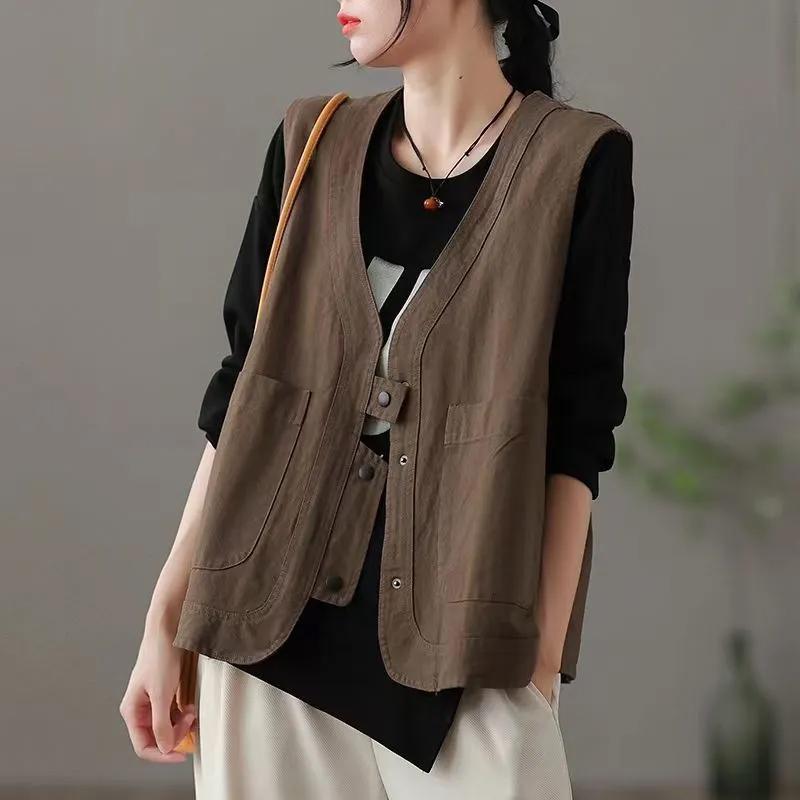 Хлопковый жилет для женщин, льняной жилет без рукавов, винтажный джинсовый жилет, большой размер, принты, универсальный повседневный жилет на пуговицах