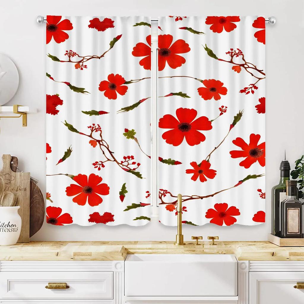 2pc Gorgeous Style Red Floral Print Curtains, Polyester Fabric, Machine Washable, Suitable for Bedroom Living Room Decoration