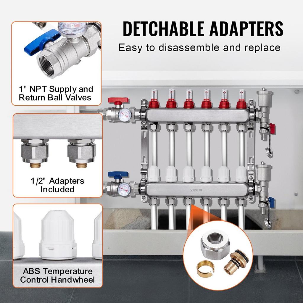 6-Branch Radiant Heat Manifold 1/2" PEX Tubing Floor Heating Manifold Set